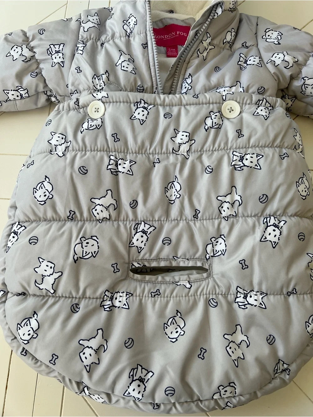 London Fog Grey Westie Puppy Print Puffer coat and Sack with Hood